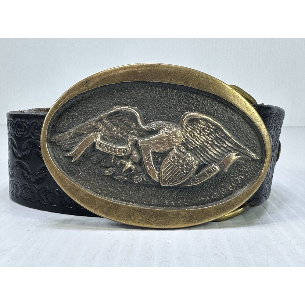 VTG American Eagle Heritage 1976 Brass Belt Buckle Black Embossed Leather Belt